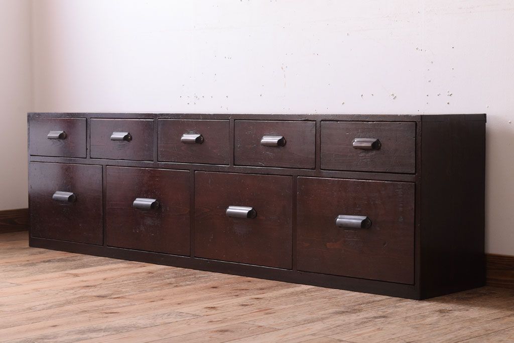 【K様ご成約済・ご決済用】大正昭和期!古い木製の薄型ローチェスト(ローボード)