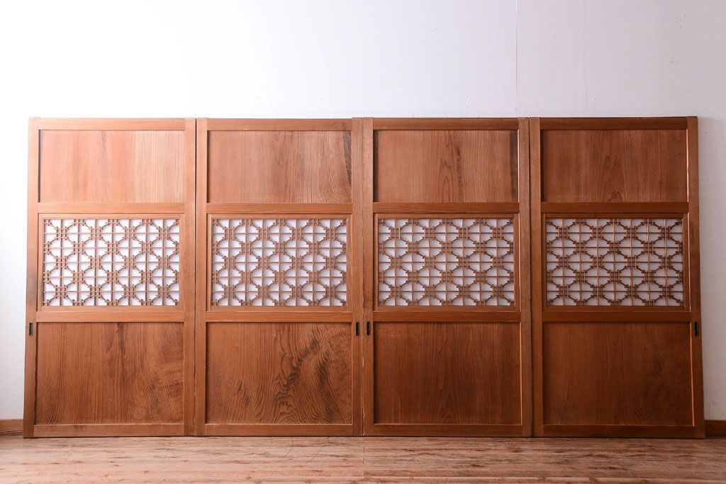 明治大正期　古民具・骨董　組子障子帯の木味引き戸4枚セット