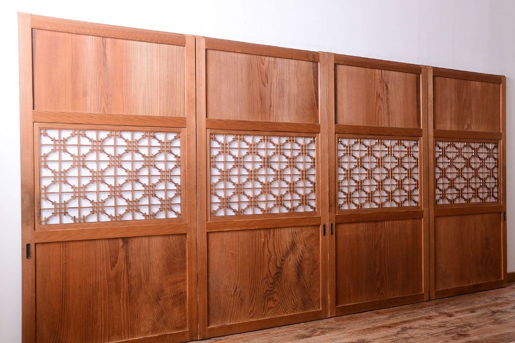 明治大正期　古民具・骨董　組子障子帯の木味引き戸4枚セット