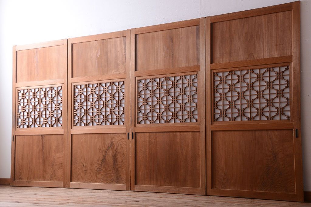 明治大正期　古民具・骨董　組子障子帯の木味引き戸4枚セット