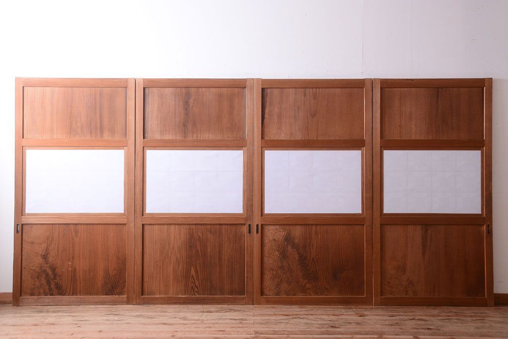 明治大正期　古民具・骨董　組子障子帯の木味引き戸4枚セット