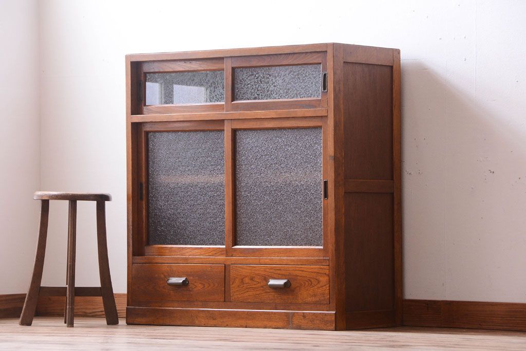 レトロ家具　昭和レトロ　結霜ガラスとダイヤガラス!アンティーク収納棚(本箱)