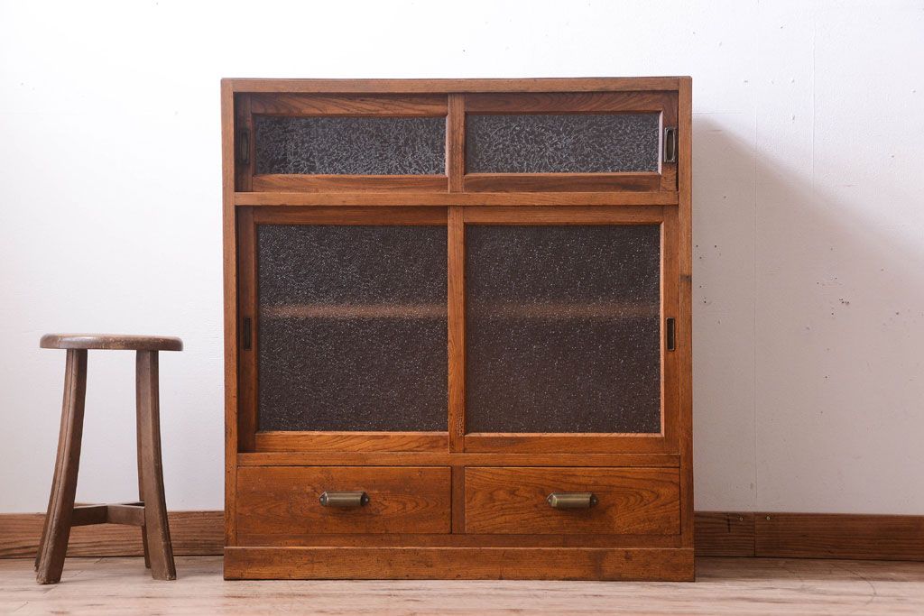 レトロ家具　昭和レトロ　結霜ガラスとダイヤガラス!アンティーク収納棚(本箱)