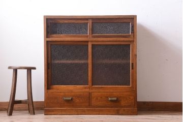 レトロ家具　昭和レトロ　結霜ガラスとダイヤガラス!アンティーク収納棚(本箱)