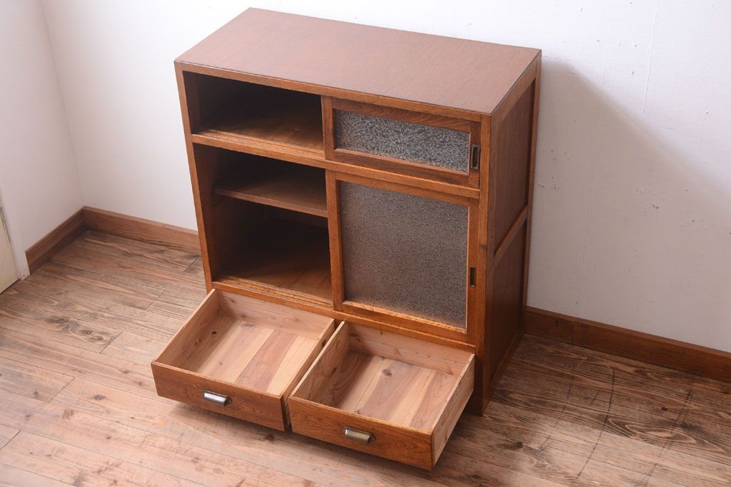 レトロ家具　昭和レトロ　結霜ガラスとダイヤガラス!アンティーク収納棚(本箱)
