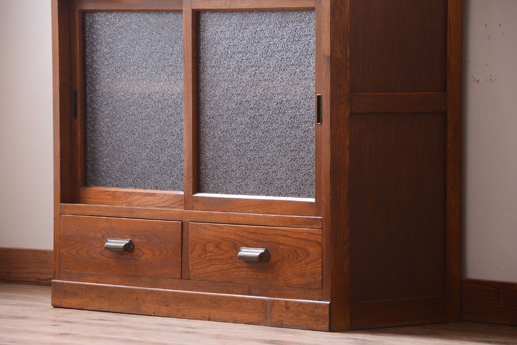 レトロ家具　昭和レトロ　結霜ガラスとダイヤガラス!アンティーク収納棚(本箱)