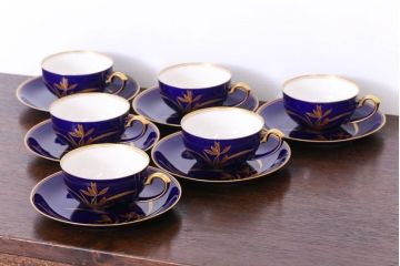 アンティーク雑貨　中古　香蘭社　ルリ(瑠璃)　蘭　カップ&ソーサー6客セット(洋食器)