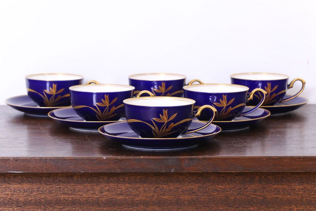 アンティーク雑貨　中古　香蘭社　ルリ(瑠璃)　蘭　カップ&ソーサー6客セット(洋食器)