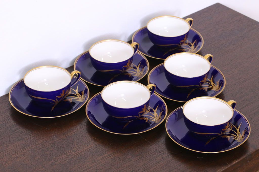 アンティーク雑貨　中古　香蘭社　ルリ(瑠璃)　蘭　カップ&ソーサー6客セット(洋食器)