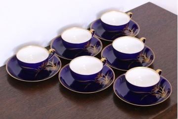 アンティーク雑貨　中古　香蘭社　ルリ(瑠璃)　蘭　カップ&ソーサー6客セット(洋食器)