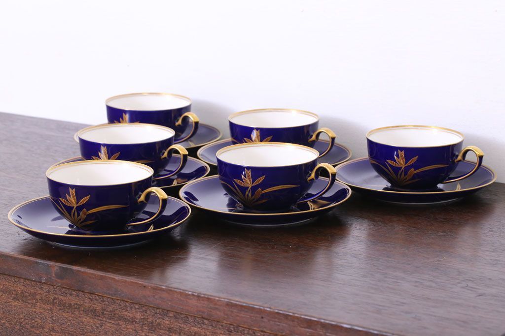 アンティーク雑貨　中古　香蘭社　ルリ(瑠璃)　蘭　カップ&ソーサー6客セット(洋食器)
