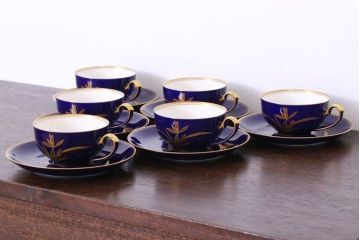 アンティーク雑貨　中古　香蘭社　ルリ(瑠璃)　蘭　カップ&ソーサー6客セット(洋食器)