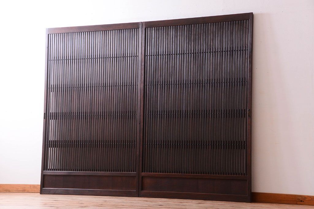 明治大正期　古民具・骨董　幅広!裏ガラス入り格子戸2枚セット