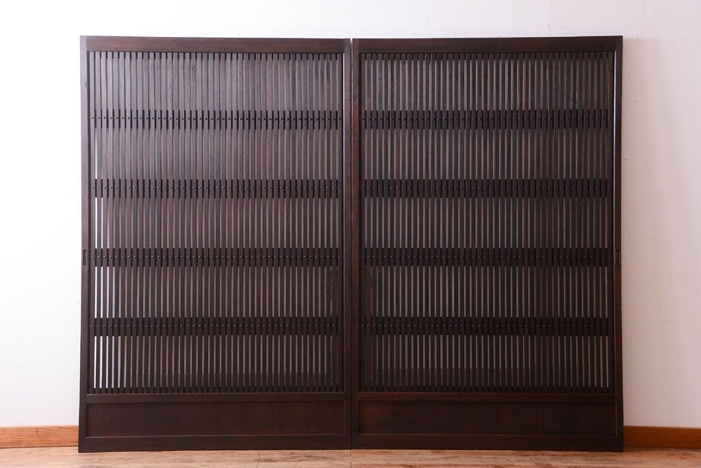 明治大正期　古民具・骨董　幅広!裏ガラス入り格子戸2枚セット