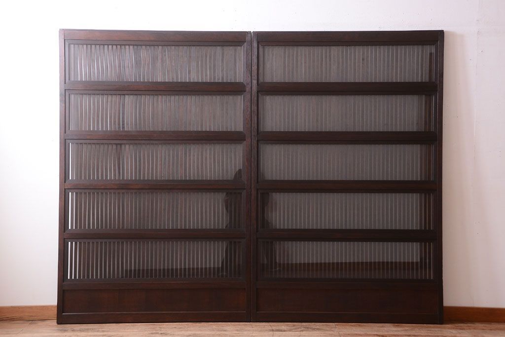 明治大正期　古民具・骨董　幅広!裏ガラス入り格子戸2枚セット