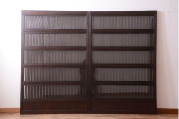 明治大正期　古民具・骨董　幅広!裏ガラス入り格子戸2枚セット