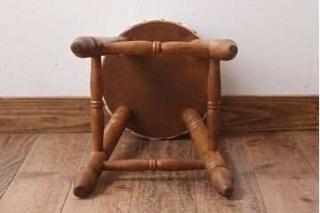 アンティーク家具　古い木製のクッション座面丸スツール