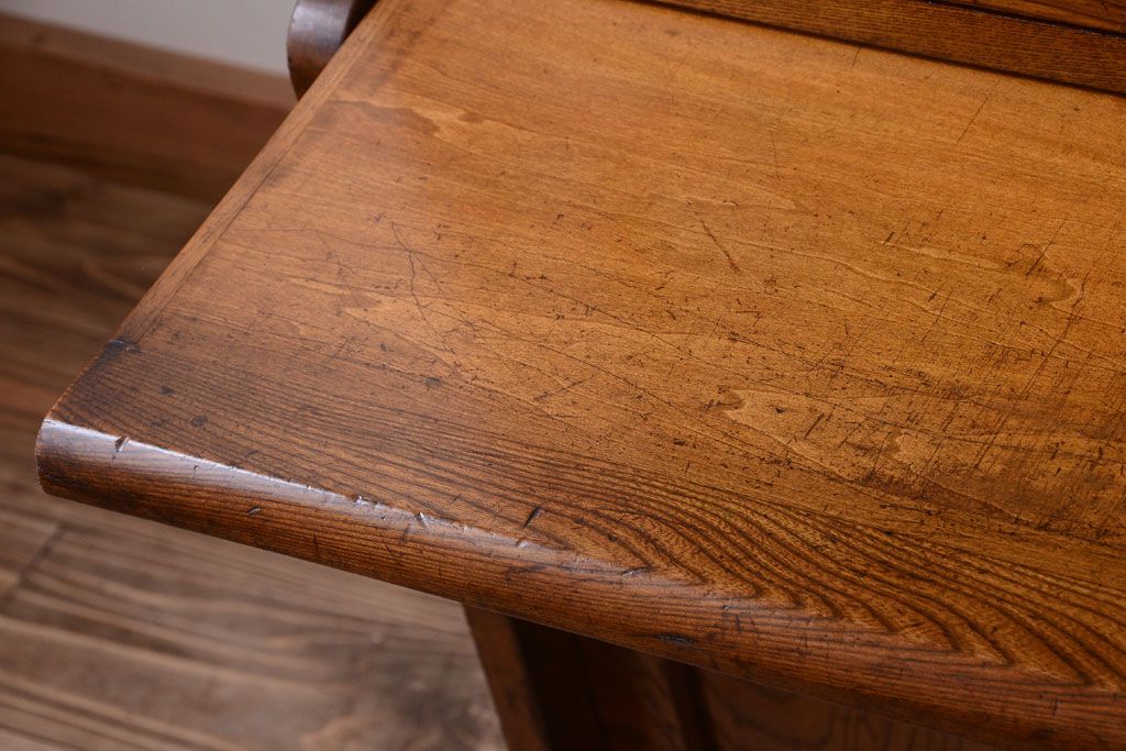 レトロ家具　モールガラス入り!昭和レトロ　小ぶりでかわいいナラ材製食器棚(収納棚)