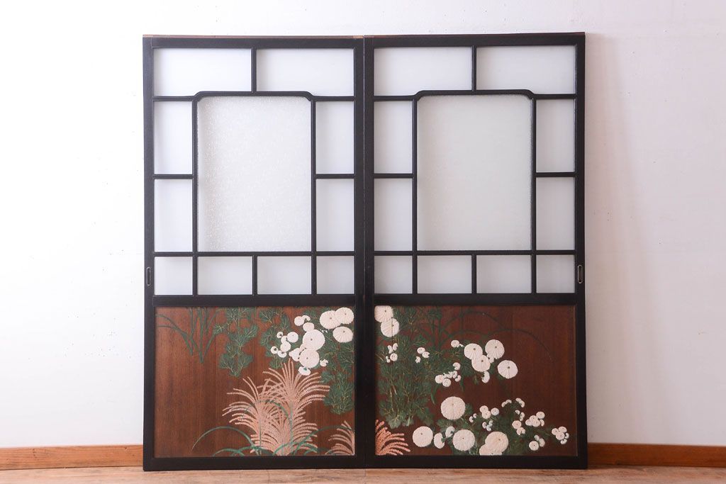 板絵　盛り上げ彩色　美しい絵のガラス戸2枚セット