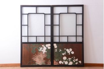 板絵　盛り上げ彩色　美しい絵のガラス戸2枚セット