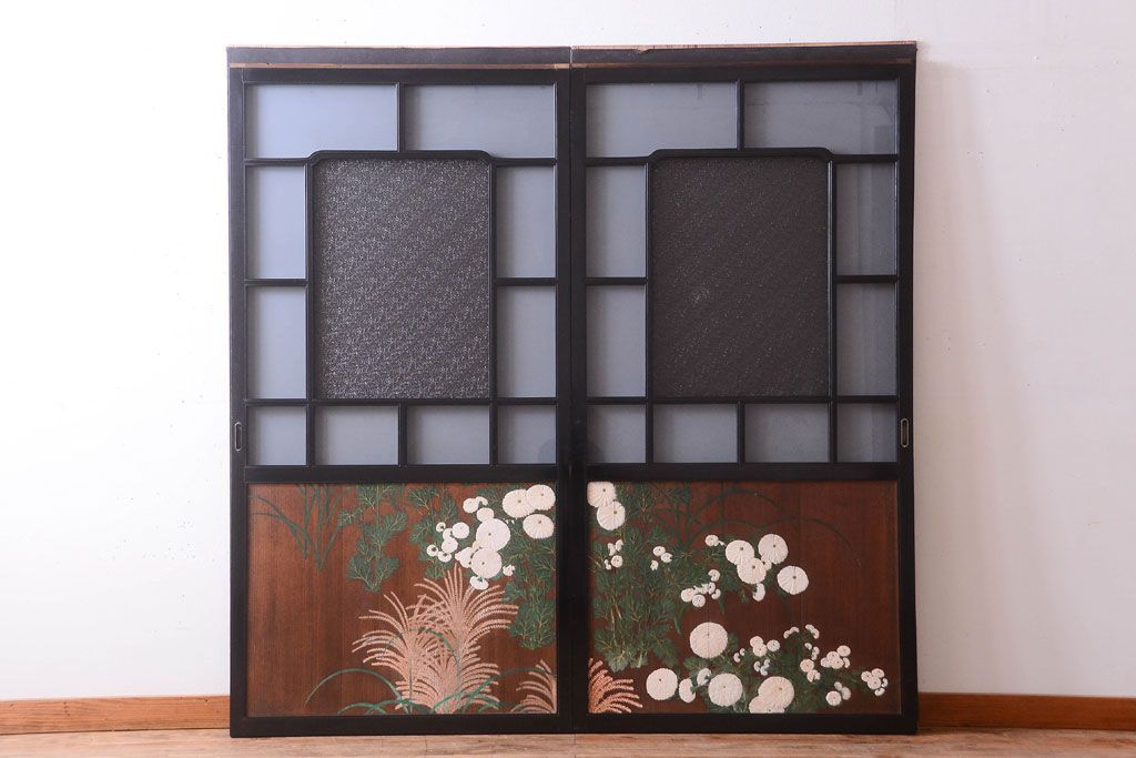 板絵　盛り上げ彩色　美しい絵のガラス戸2枚セット