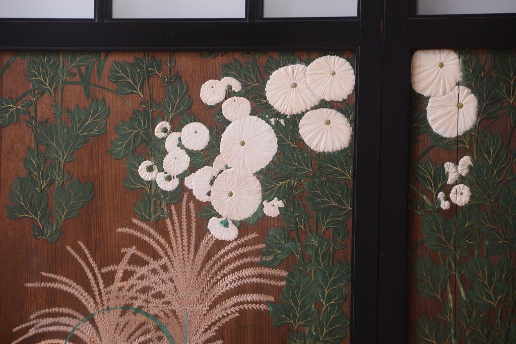 板絵　盛り上げ彩色　美しい絵のガラス戸2枚セット