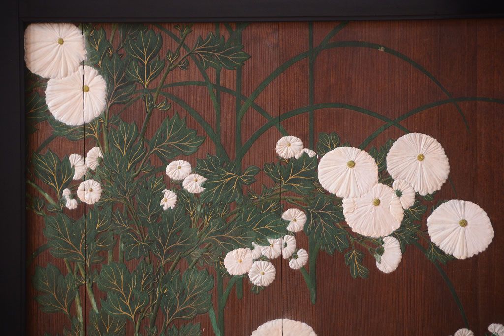 板絵　盛り上げ彩色　美しい絵のガラス戸2枚セット