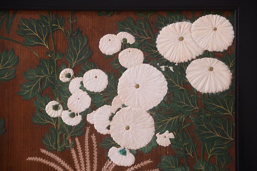 板絵　盛り上げ彩色　美しい絵のガラス戸2枚セット