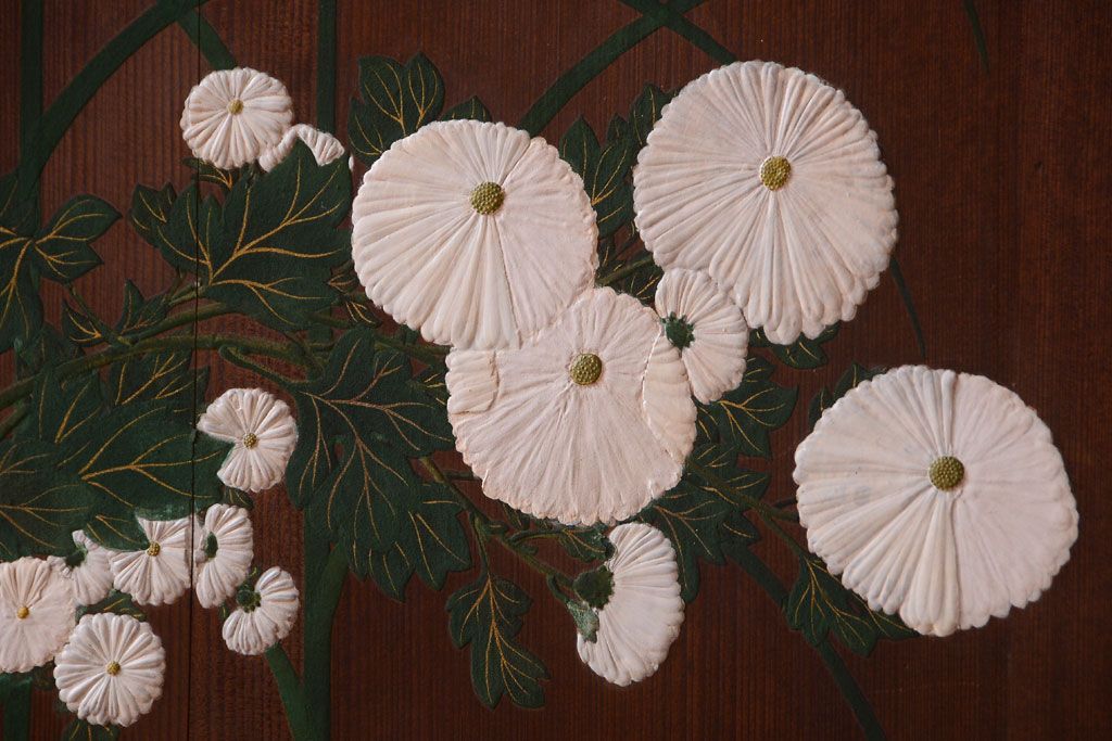 板絵　盛り上げ彩色　美しい絵のガラス戸2枚セット