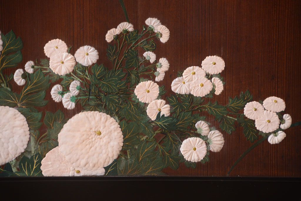 板絵　盛り上げ彩色　美しい絵のガラス戸2枚セット