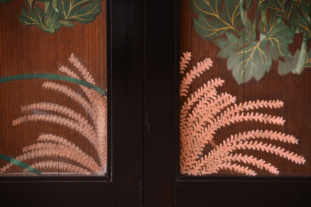 板絵　盛り上げ彩色　美しい絵のガラス戸2枚セット