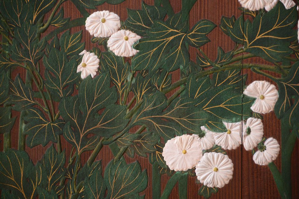 板絵　盛り上げ彩色　美しい絵のガラス戸2枚セット