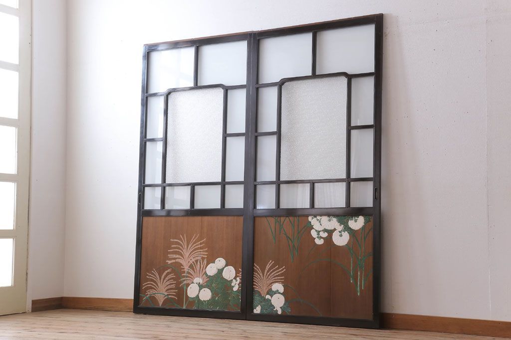 板絵　盛り上げ彩色　美しい絵のガラス戸2枚セット(2)