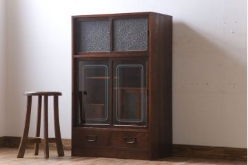 レトロ家具　ダイヤガラス!幅狭サイズ　昭和レトロなアンティーク茶箪笥