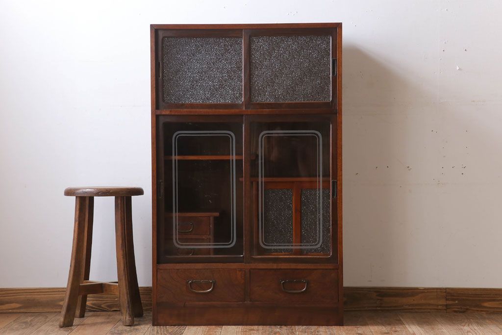 レトロ家具　ダイヤガラス!幅狭サイズ　昭和レトロなアンティーク茶箪笥