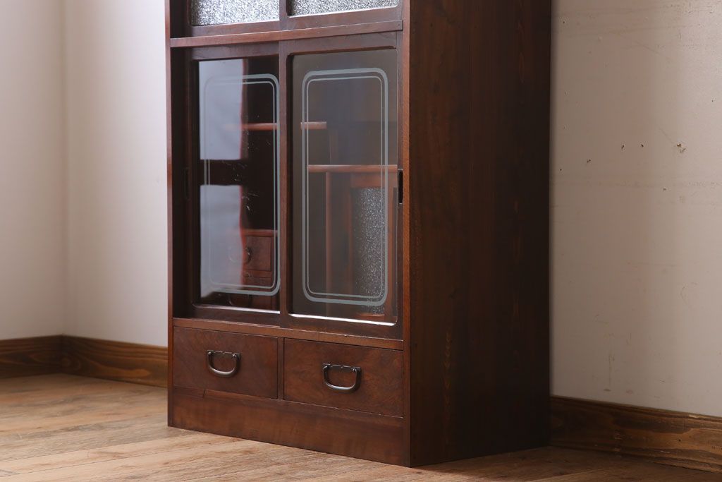 レトロ家具　ダイヤガラス!幅狭サイズ　昭和レトロなアンティーク茶箪笥