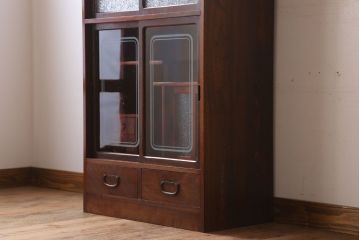 レトロ家具　ダイヤガラス!幅狭サイズ　昭和レトロなアンティーク茶箪笥