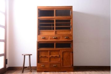 アンティーク家具　和製アンティーク　モールガラス入り!古い木製の重ね食器棚(カップボード)