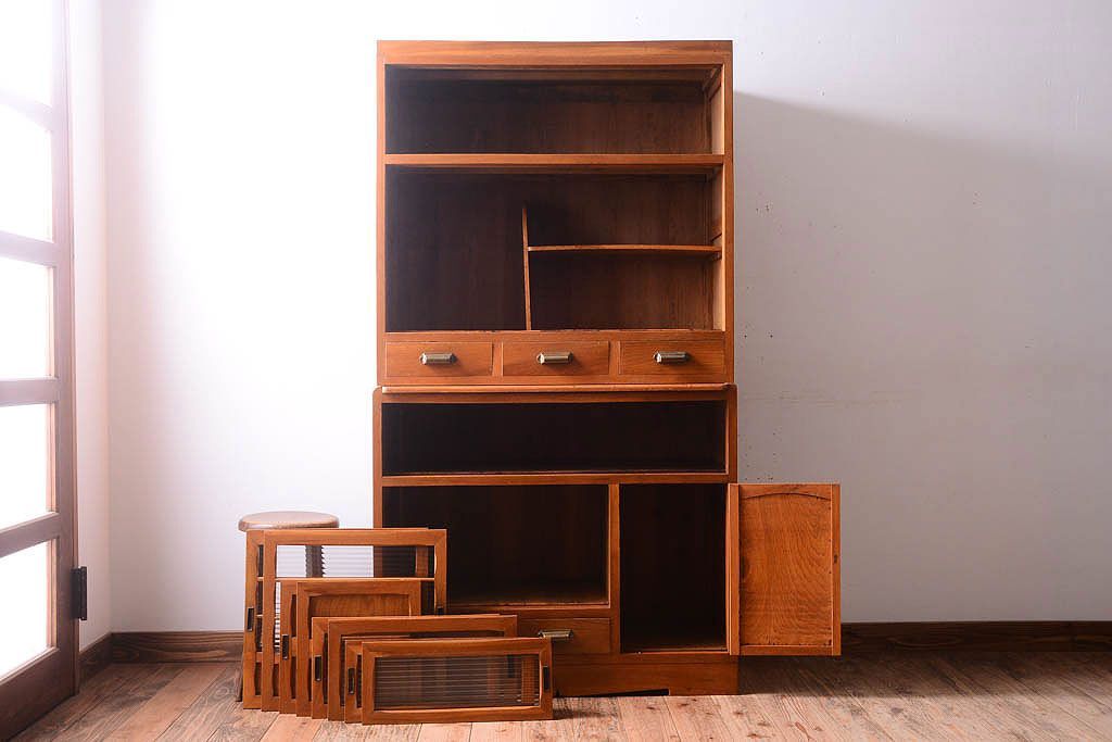 アンティーク家具　和製アンティーク　モールガラス入り!古い木製の重ね食器棚(カップボード)