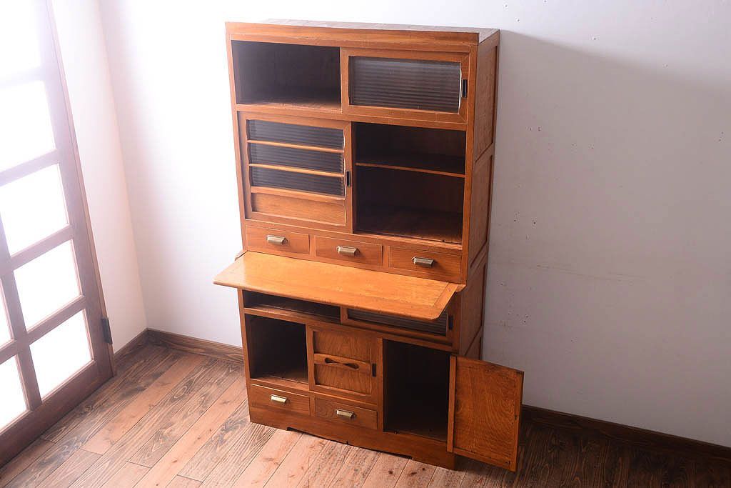 アンティーク家具　和製アンティーク　モールガラス入り!古い木製の重ね食器棚(カップボード)