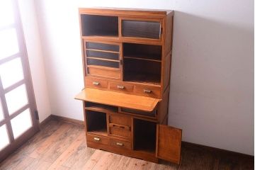 アンティーク家具　和製アンティーク　モールガラス入り!古い木製の重ね食器棚(カップボード)