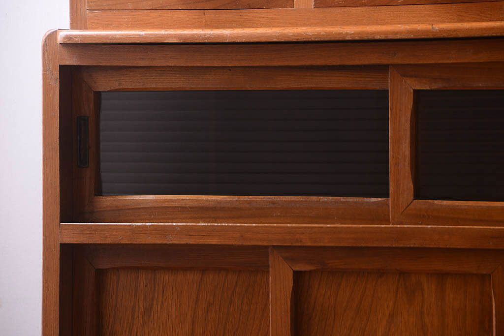 アンティーク家具　和製アンティーク　モールガラス入り!古い木製の重ね食器棚(カップボード)