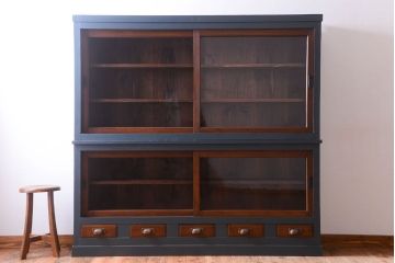 アンティーク家具　引き出し5杯付き!二段重ねの大きなペイント収納棚