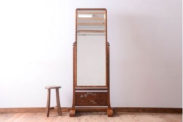 アンティーク雑貨　大正昭和期　透かし彫り!古いタモ材のアンティーク姿見(鏡)