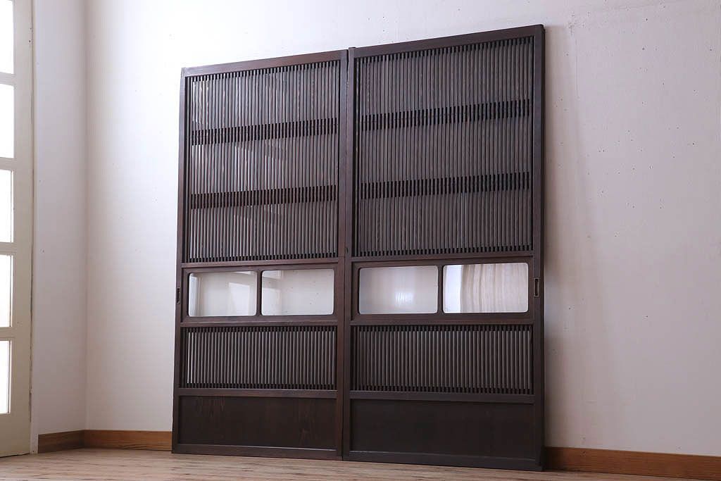 古民具・骨董　裏ガラス入り!ガラス帯のアンティーク格子戸2枚セット