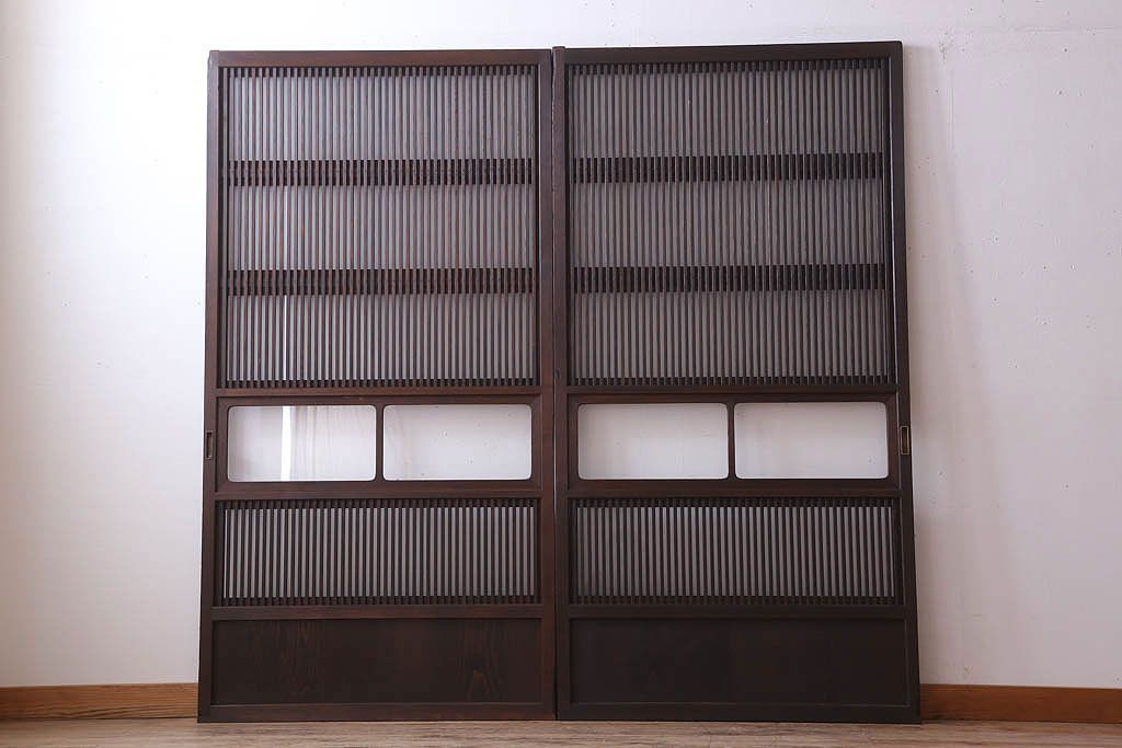 古民具・骨董　裏ガラス入り!ガラス帯のアンティーク格子戸2枚セット