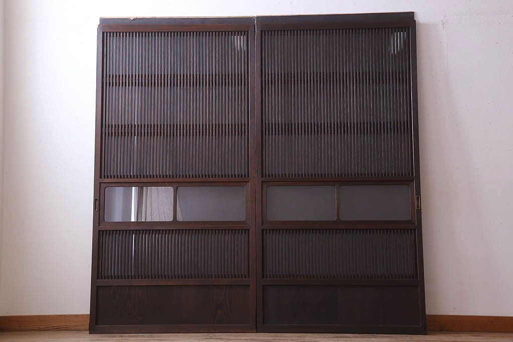 古民具・骨董　裏ガラス入り!ガラス帯のアンティーク格子戸2枚セット