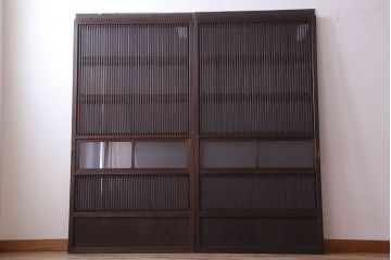 古民具・骨董　裏ガラス入り!ガラス帯のアンティーク格子戸2枚セット