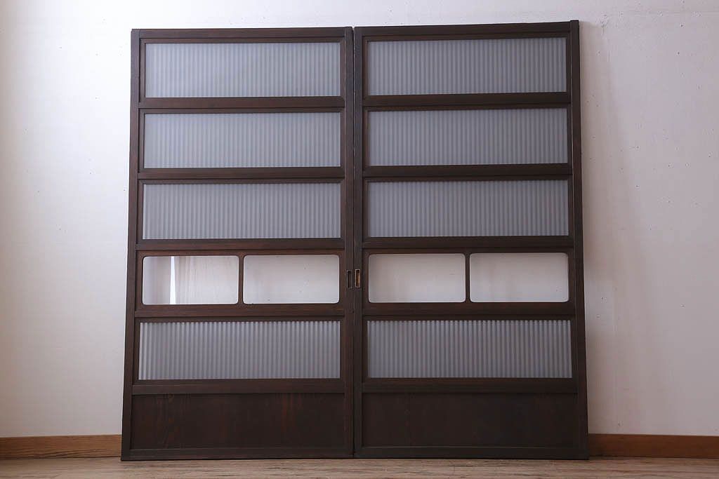 古民具・骨董　裏ガラス入り!ガラス帯のアンティーク格子戸2枚セット