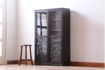 レトロ家具　薄型!レトロガラスがおしゃれなアンティーク本箱(収納棚)